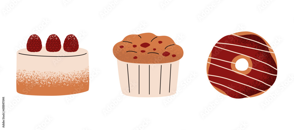 A flat vector set of various desserts. Raspberry cake, cupcake, doughnut with berry glaze. Isolated illustration on a white background.