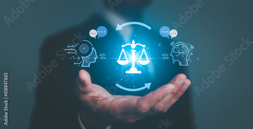 AI ethics or AI Law concept. Developing AI codes of ethics. Compliance, regulation, standard , business policy and responsibility for guarding against unintended bias in machine learning algorithms.