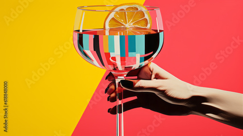 Hand taking a cocktail glass looking like a modern art painting - gallery opening concept photo