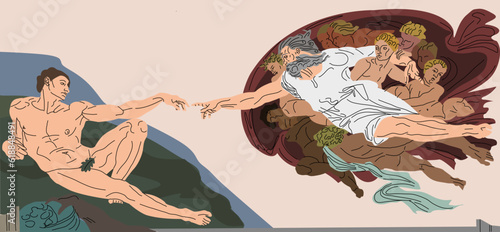 The Creation of Adam. Vector illustration. Painting masterpieces. Touch God. The birth of a person. Fresco by Michelangelo. Man and God. The picture is drawn in vector. photo