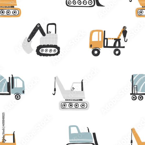 Vector hand-drawn seamless repeating children simple pattern with cars in Scandinavian style on a white background.Kids seamless pattern with building equipment. Funny construction transport