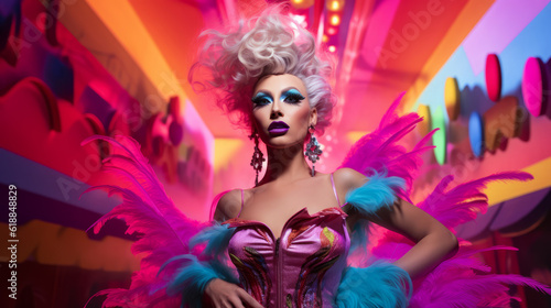 Drag queen portrait with beautiful dress and colorful backdrop