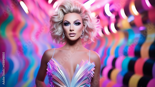 Drag queen portrait with beautiful dress and colorful backdrop