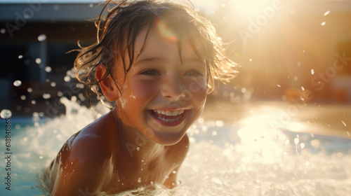 Child playing on the swimming pool water with splash of water