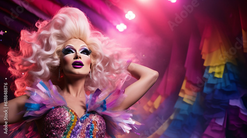 Drag queen portrait with beautiful dress and colorful backdrop