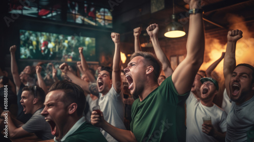 Group of Football Fans Watching a Live Match Broadcast in a Sports Pub on TV. People Cheering, Supporting Their Team.