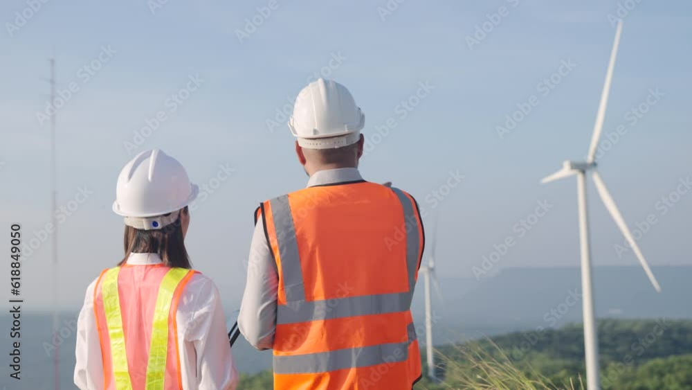 Back view of asian man and woman engineer wearing safety helmet and reflective vest team working with wind turbine propeller background. Environmental friendly for the future of clean energy. Back view of asian man and woman engineer wearing safety helmet and reflective vest team working with wind turbine propeller background. Environmental friendly for the future of clean energy.