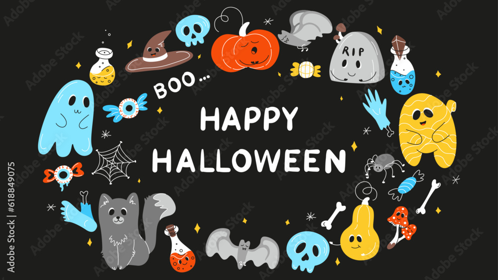 Halloween background, Halloween theme, Halloween doodles, set of Halloween elements, ghost, mummy, skull, zombie, set for halloween, silhouette of a spider, cobweb, halloween pumpkin, set of stickers Halloween background, Halloween theme, Halloween doodles, set of Halloween elements, ghost, mummy, skull, zombie, set for halloween, silhouette of a spider, cobweb, halloween pumpkin, set of stickers