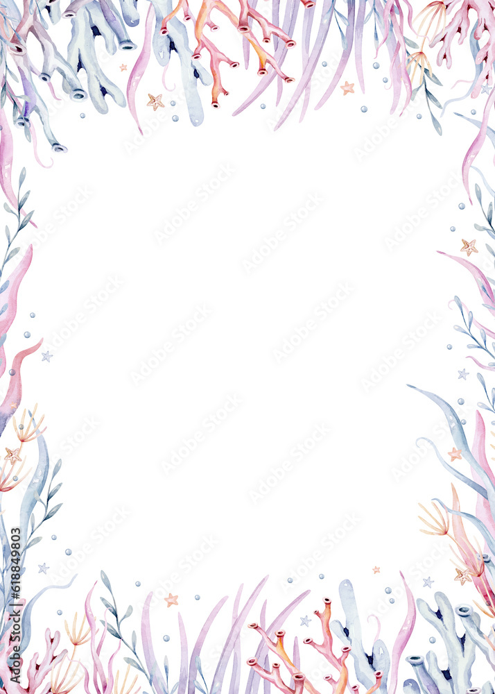Underwater baby shower templates. Blue watercolor submarine ocean fish, turtle, whale and coral. Shell aquarium background. Nautical snorkeling, diving dolphin marine illustration, jellyfish, starfish Underwater baby shower templates. Blue watercolor submarine ocean fish, turtle, whale and coral. Shell aquarium background. Nautical snorkeling, diving dolphin marine illustration, jellyfish, starfish