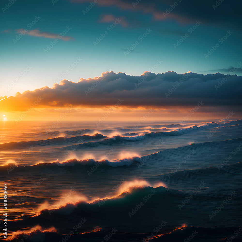 Aerial view of ocean waves in sunset, generative ai