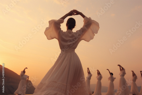 Woman dancing on the desert. In the vast desert, a silhouette dances at dawn/dusk, her form mirrored by the sky's radiant hues. A moment of sublime solitude and freedom, captured forever.