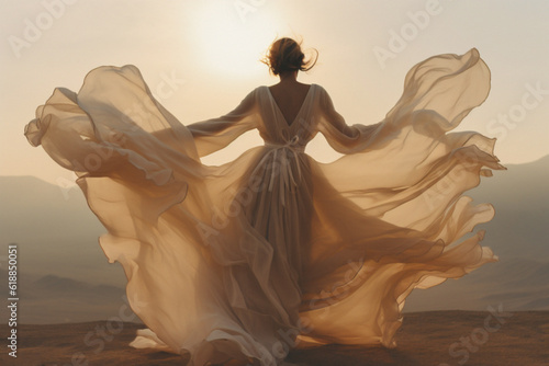 Woman dancing on the desert. In the vast desert, a silhouette dances at dawn/dusk, her form mirrored by the sky's radiant hues. A moment of sublime solitude and freedom, captured forever.