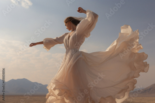 Woman dancing on the desert. In the vast desert, a silhouette dances at dawn/dusk, her form mirrored by the sky's radiant hues. A moment of sublime solitude and freedom, captured forever.