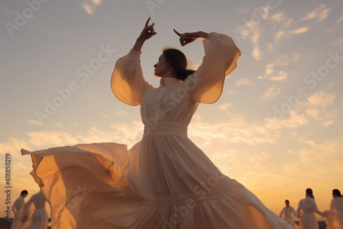 Woman dancing on the desert. In the vast desert, a silhouette dances at dawn/dusk, her form mirrored by the sky's radiant hues. A moment of sublime solitude and freedom, captured forever.