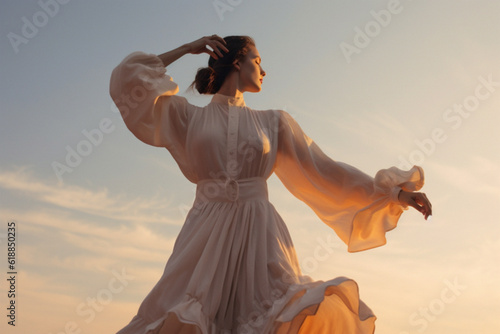 Woman dancing on the desert. In the vast desert, a silhouette dances at dawn/dusk, her form mirrored by the sky's radiant hues. A moment of sublime solitude and freedom, captured forever.