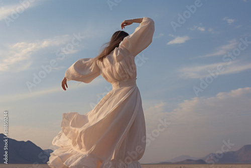 Woman dancing on the desert. In the vast desert, a silhouette dances at dawn/dusk, her form mirrored by the sky's radiant hues. A moment of sublime solitude and freedom, captured forever.