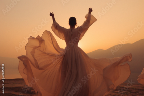 Woman dancing on the desert. In the vast desert, a silhouette dances at dawn/dusk, her form mirrored by the sky's radiant hues. A moment of sublime solitude and freedom, captured forever.