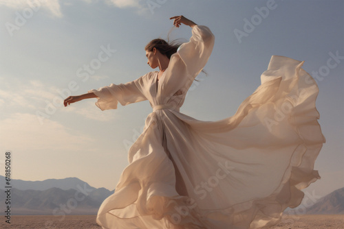 Woman dancing on the desert. In the vast desert, a silhouette dances at dawn/dusk, her form mirrored by the sky's radiant hues. A moment of sublime solitude and freedom, captured forever.