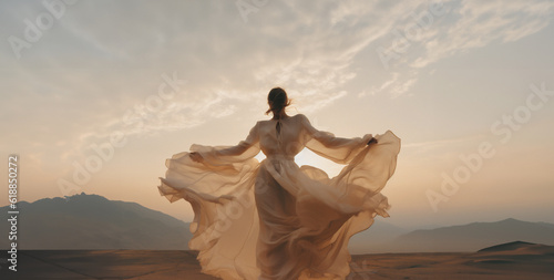 Woman dancing on the desert. In the vast desert, a silhouette dances at dawn/dusk, her form mirrored by the sky's radiant hues. A moment of sublime solitude and freedom, captured forever.