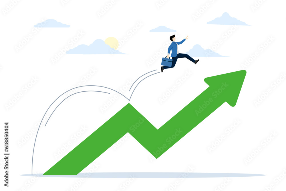 Career challenges. wealth grows or accumulates, asset prices rise. Growth leap, Growth strategy. Increased profit growth. Businessman jump arrow chart. flat vector illustration on a white background.