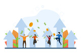Winning team success, congratulations on achieving business goals, collaboration or encouragement concept, happy male and female colleagues jumping with up arrow. flat vector illustration.