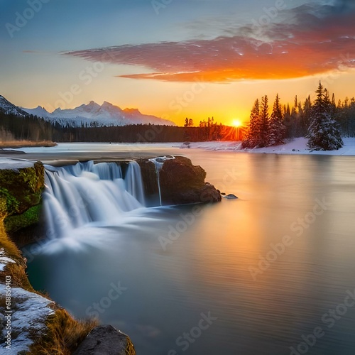 sunrise over the river waterfall 