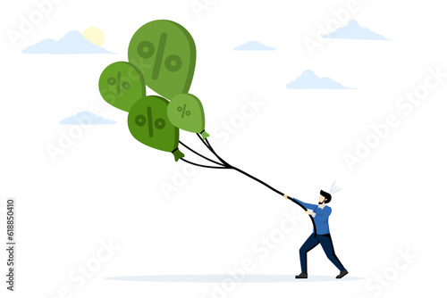 concept Stop inflation, inflation bubble. Reserves try to tame falling inflation by raising interest rates. A businessman trying to attract a lot of inflation balloons. flat vector illustration. photo