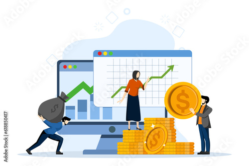 Concept of ROI, return on investment, financial solutions. People invest money. Woman managing financial chart. Vector illustration in flat design for UI, web banner, mobile app.