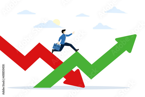 facing a downturn in the stock market or Bear Market. Economic volatility. Recovering from the stock market crash. adapt. businessman jumping from red arrow up. flat vector illustration.