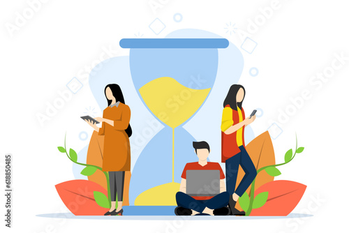 time management concept. teamwork, deadlines, constant online communication. business people with laptops and cell phones working online around the hourglass. flat vector illustration.