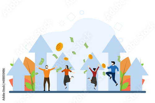 Winning team success, congratulations on achieving business goals, collaboration or encouragement concept, happy male and female colleagues jumping with up arrow. flat vector illustration.