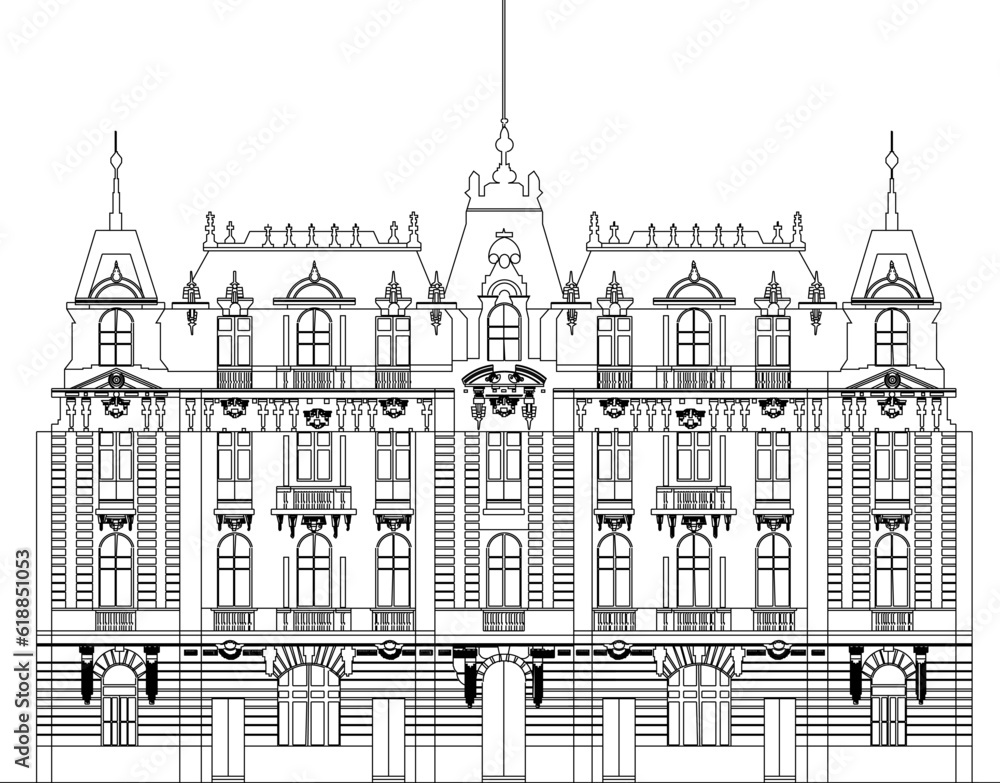 Vector sketch of architectural design of a classic vintage heritage building for city government