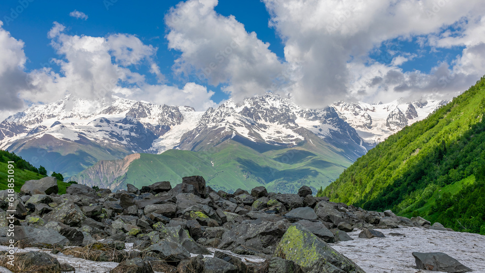 Obraz premium Mountain landscape with alpine meadows, glaciers and snow-capped peaks