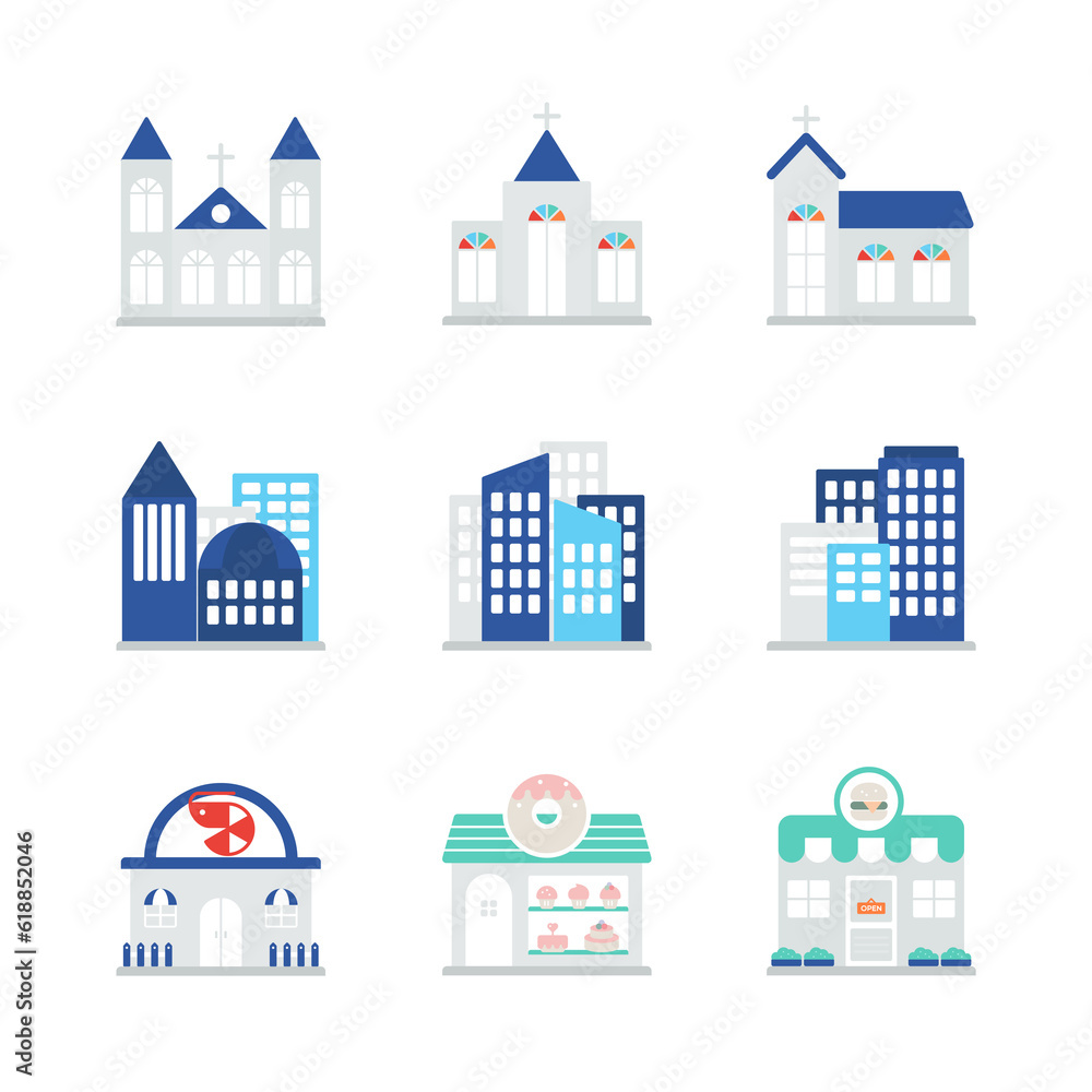 Flat icons about churches and various buildings.
