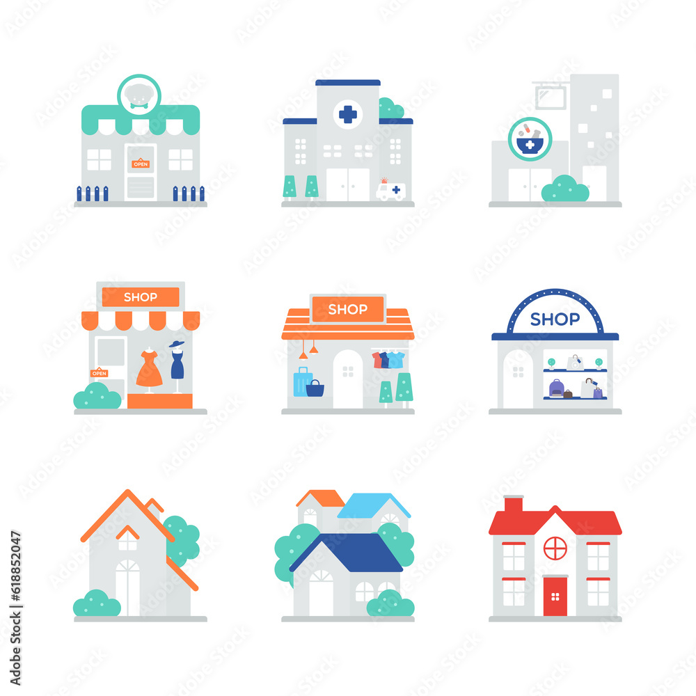 Icons for medical facilities and various shops.
Icons for medical facilities and various shops.