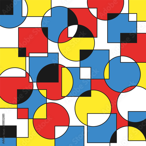 Abstract geometric background of intersecting circles and squares of different colors for design