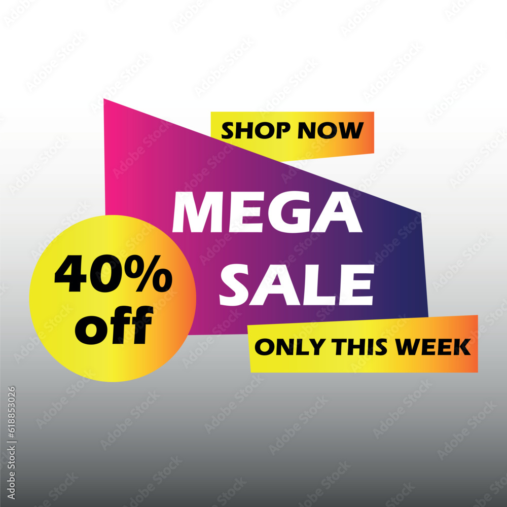 Mega Sale 40% Off Shop Now Only this Week. Art of discounts for stores and retailers composed of polygons grouped in yellow and purple colors. Mega Sale 40% Off Shop Now Only this Week. Art of discounts for stores and retailers composed of polygons grouped in yellow and purple colors.