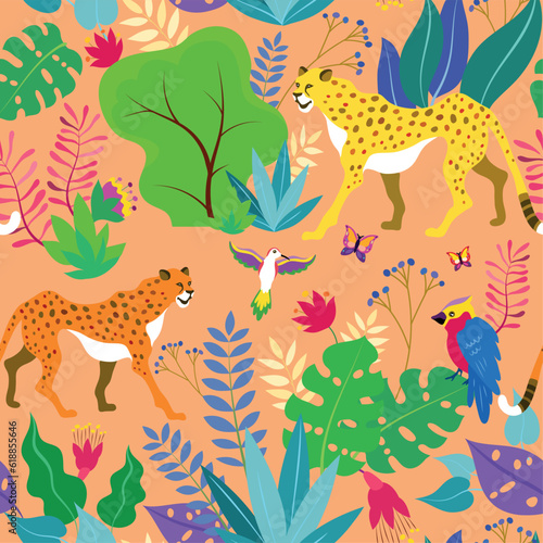 Tropical seamless pattern with cheetah  parrot and exotic plants leaves.