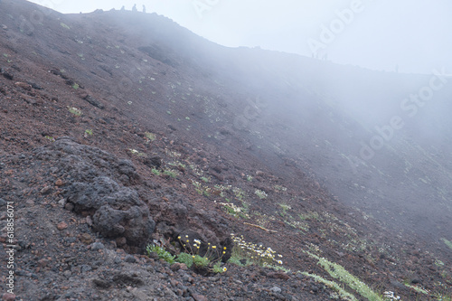 Etna volcanic landscape in Sicily, Italy, view of a crater in fog photo