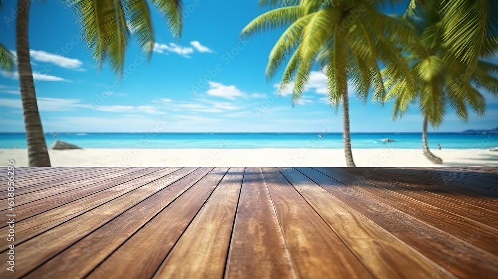 Top of wood table with peaceful sea and sky at tropical beach background on top of wood table with seascape and palm leaves. Empty wooden table for your product display montage background.