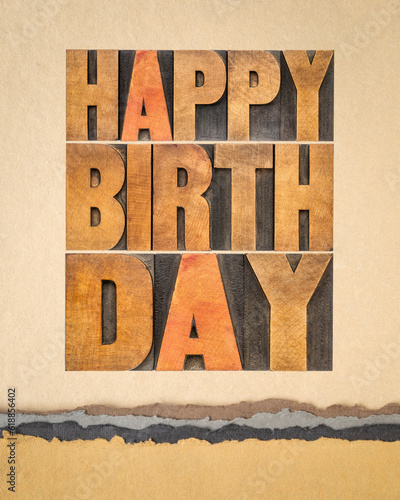 Photography happy birthday greeting card - text in vintage letterpress wood type against art