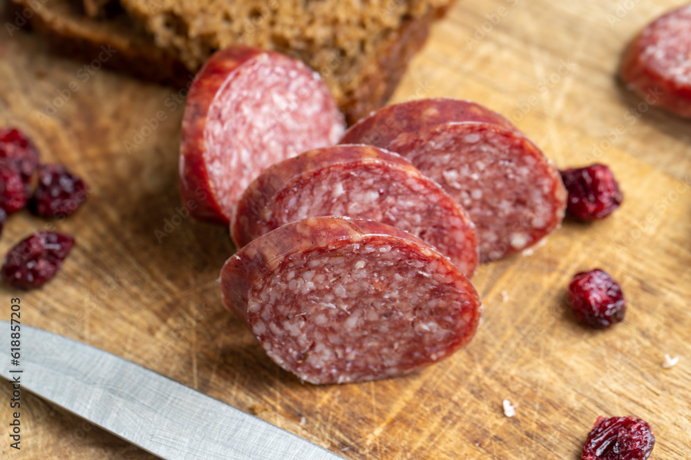 Sausage of moose meat cut into pieces Sausage of moose meat cut into pieces
