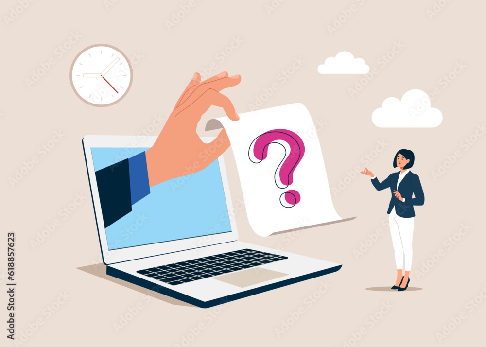 Businesswoman stand near a large question mark. Frequently Asked Questions. Vector illustration. Businesswoman stand near a large question mark. Frequently Asked Questions. Vector illustration.