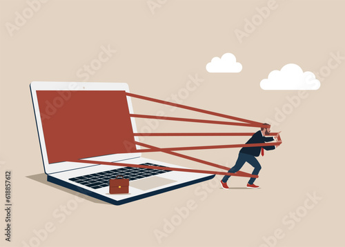 Internet addiction. Man tied up with red tape trying to run away with full effort. Business difficulty or struggle with career obstacle. Flat vector illustration
