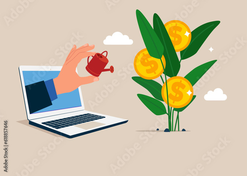 Investor  through the laptop finish watering growing money plant seedling with coin flower. Financial and investment growth. Flat vector illustration