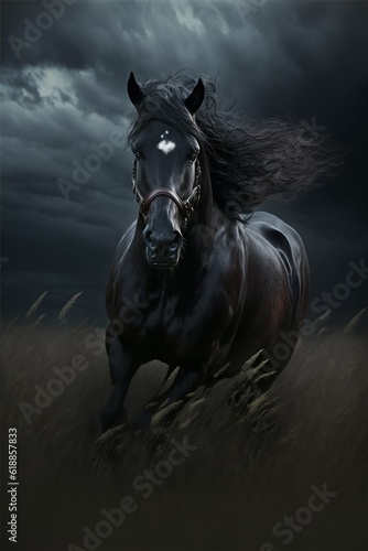 Dark Horse in Stormy Field - AI Generative Photo - Midjourney