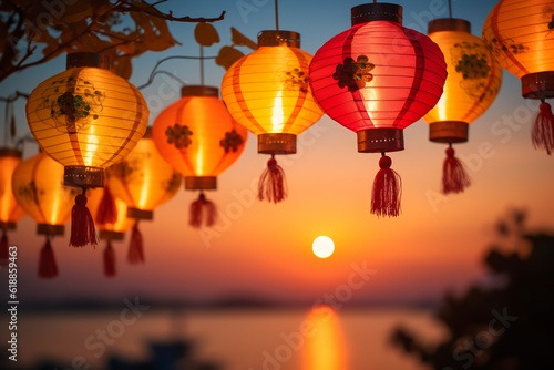 Fotografia Red chinese lantern in mid-autumn festival.ai generative