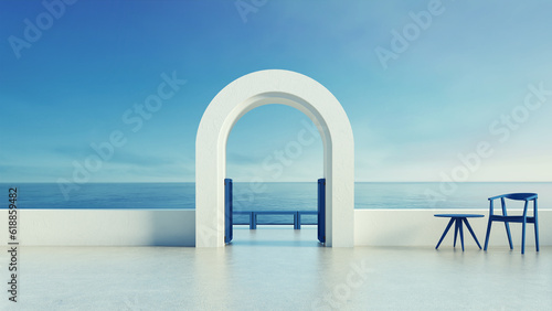Luxury villa resort gate door to sea view - Santorini island stlye - 3D rendering  photo
