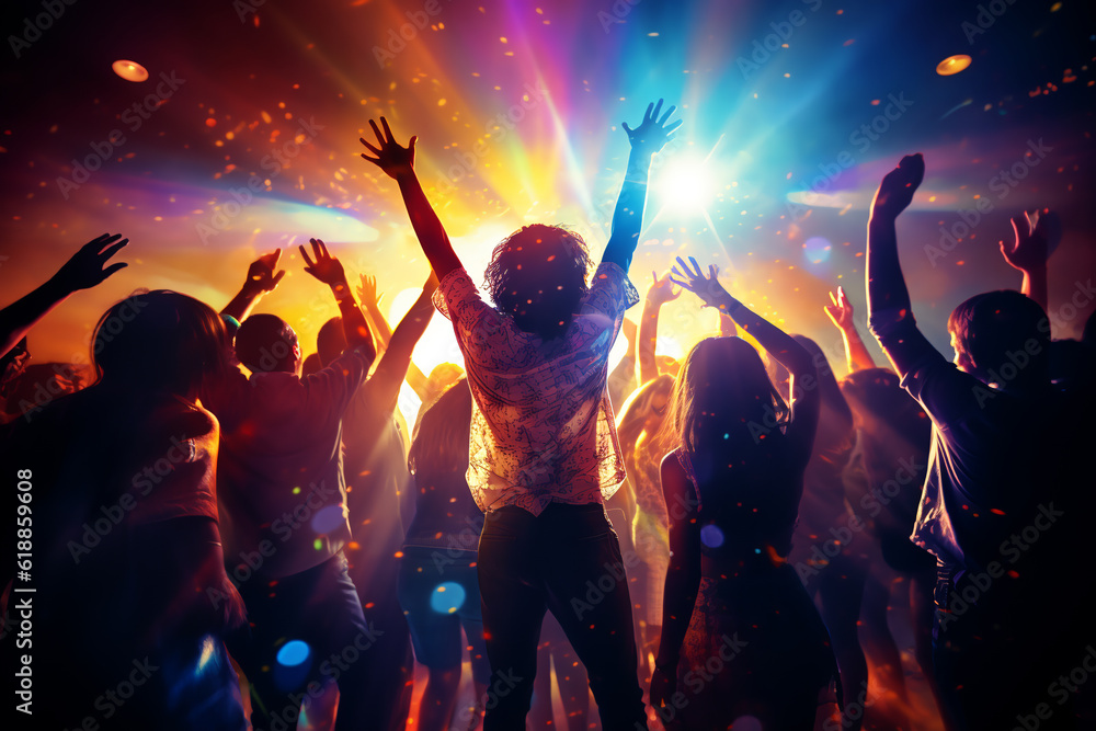 Young happy people are dancing in the club. Nightlife and disco concept.ai generative