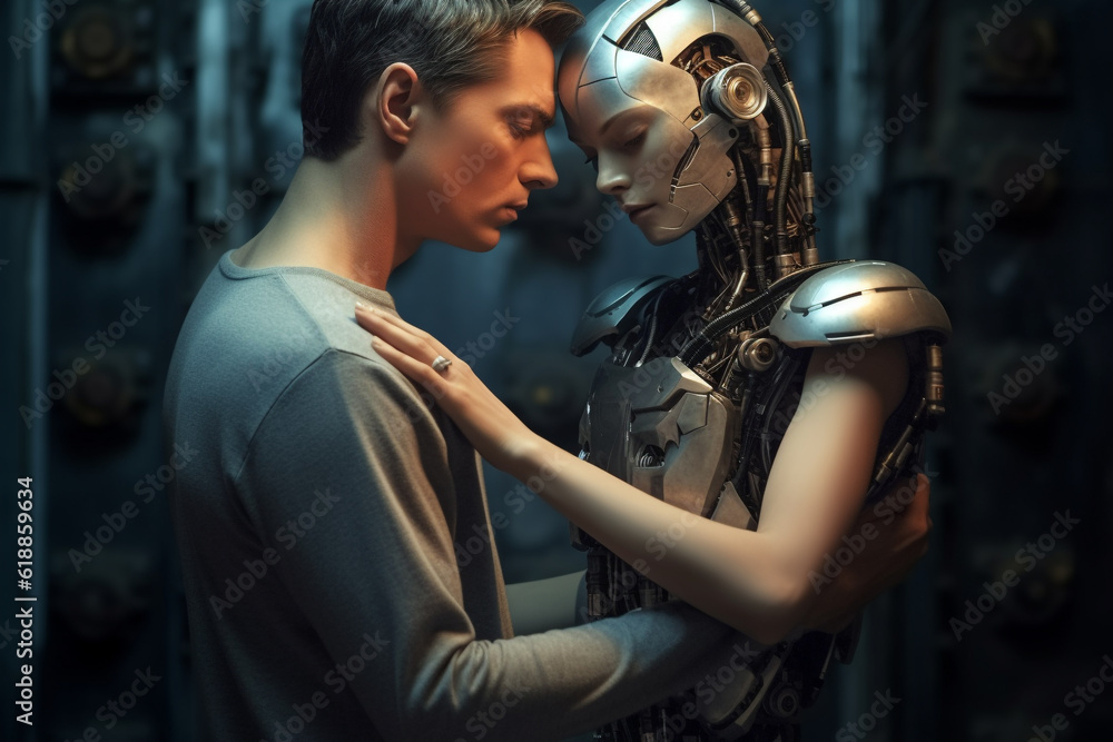 Love relationship between a human and a robot. The connection of human feelings. Future attitud. female android ciborg robot artificial intelligence, robotization and automatization. Generative AI